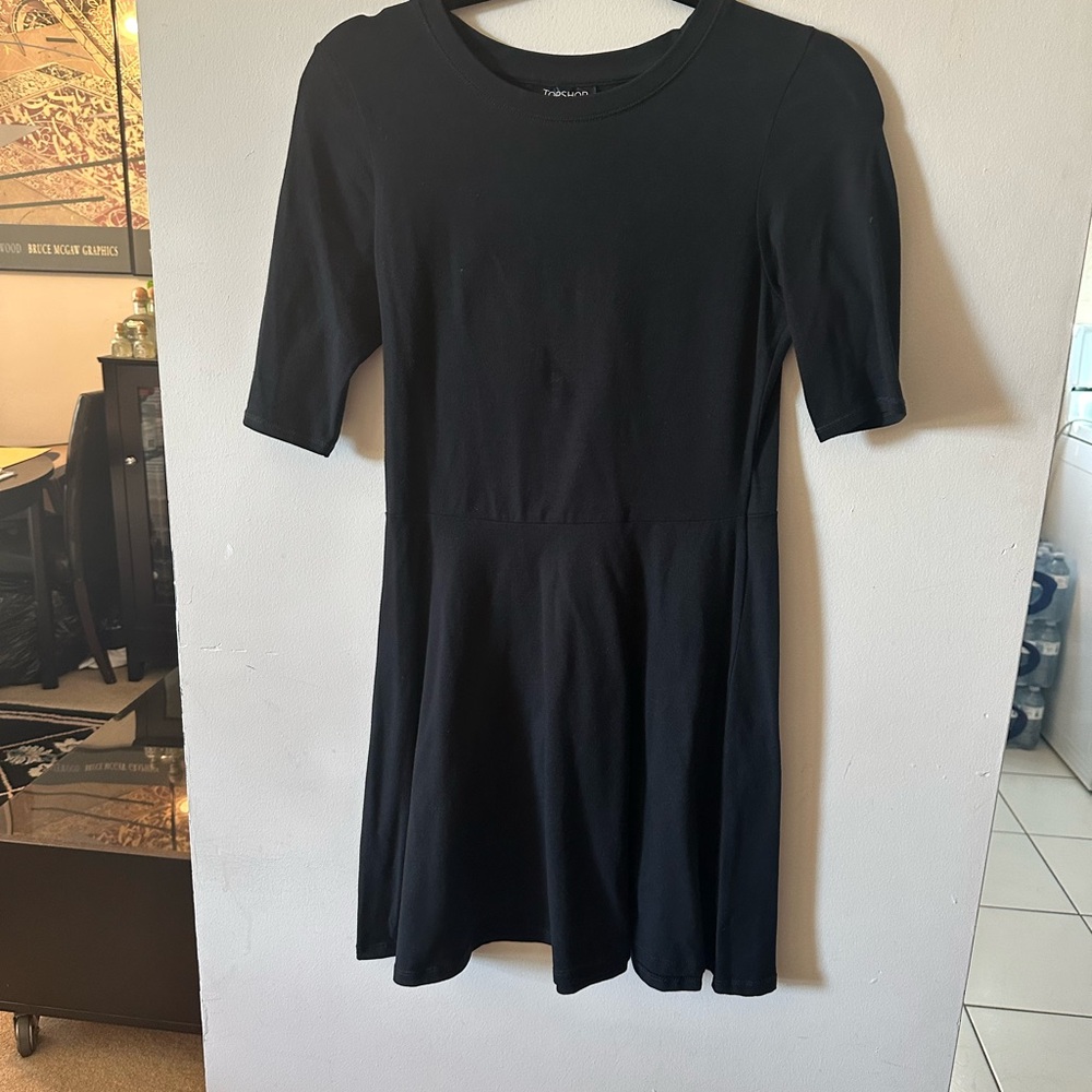 Topshop Black Fit and Flare Dress Short Sleeve Crew Neck